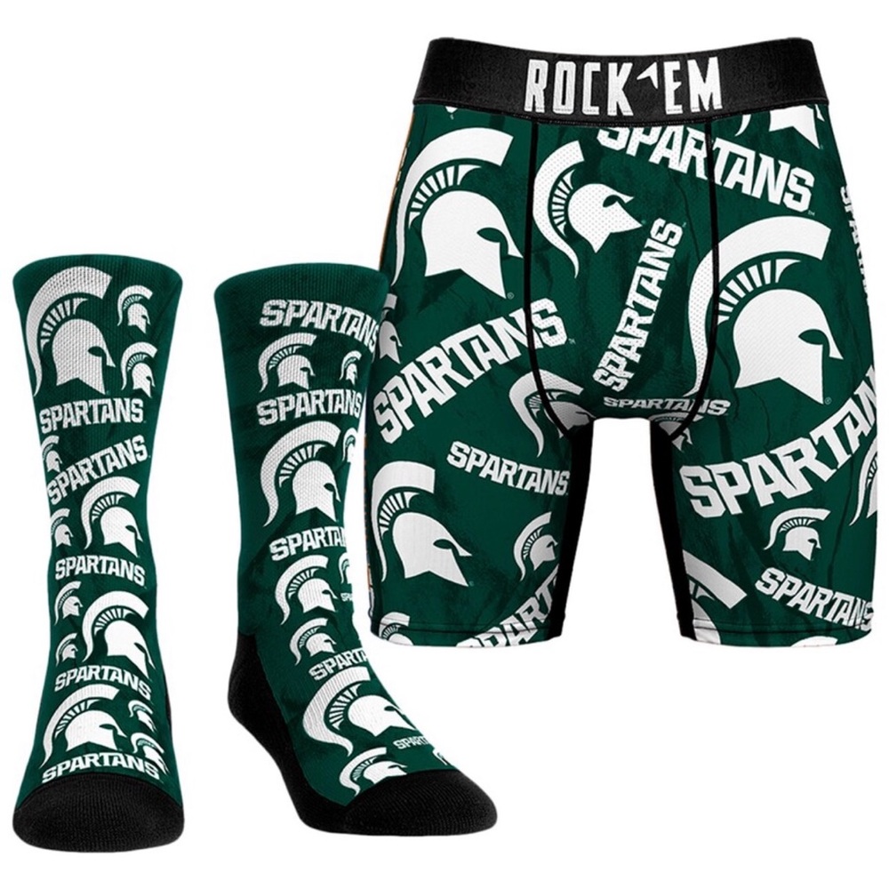 NWT Men's Rock Em Socks Michigan State Spartans XL Underwear Crew Socks Combo